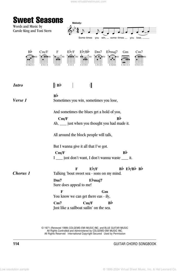 Sweet Seasons sheet music for guitar (chords) by Carole King and Toni Stern, intermediate skill level