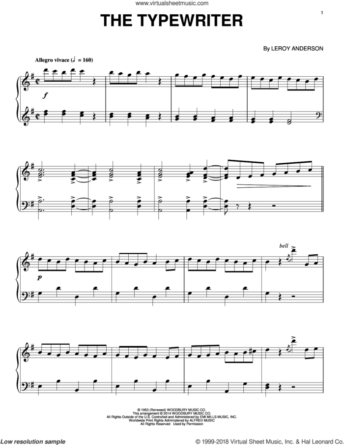 The Typewriter sheet music for piano solo by LeRoy Anderson, intermediate skill level