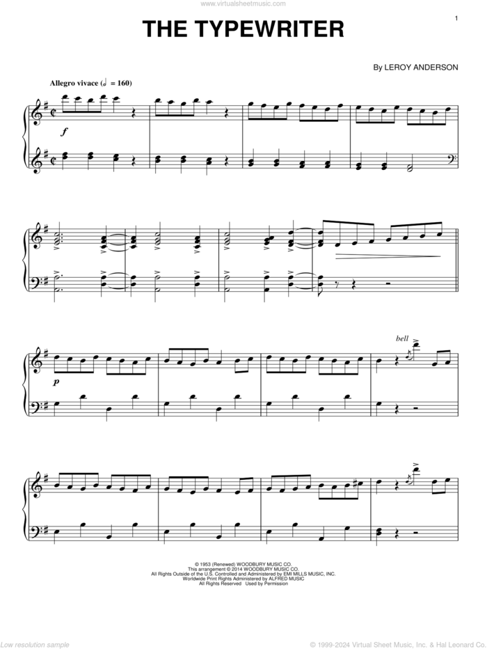 The Typewriter sheet music for piano solo by LeRoy Anderson, intermediate skill level