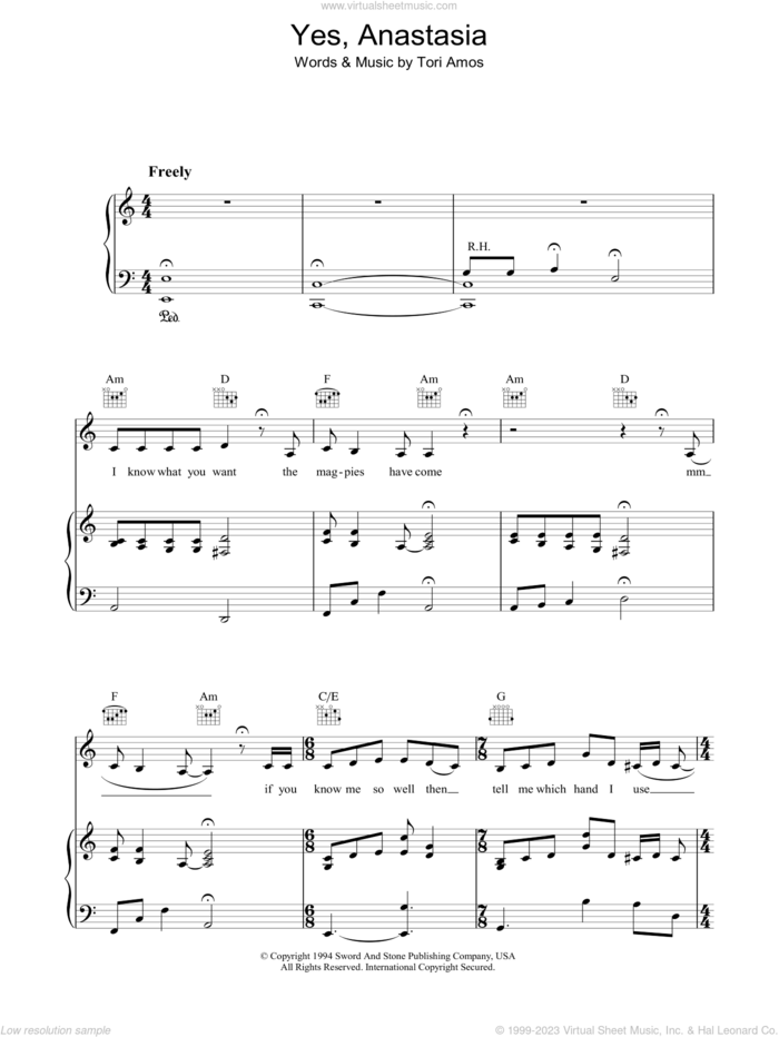 Yes, Anastasia sheet music for voice, piano or guitar by Tori Amos, intermediate skill level