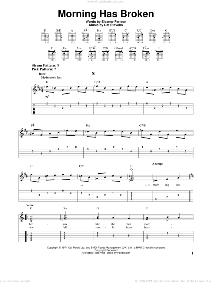 Morning Has Broken sheet music for guitar solo (easy tablature) by Cat Stevens and Eleanor Farjeon, easy guitar (easy tablature)