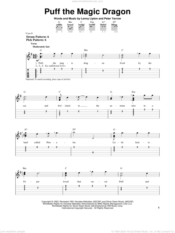 Mary - Puff The Magic Dragon sheet music (easy) for guitar solo (easy ...