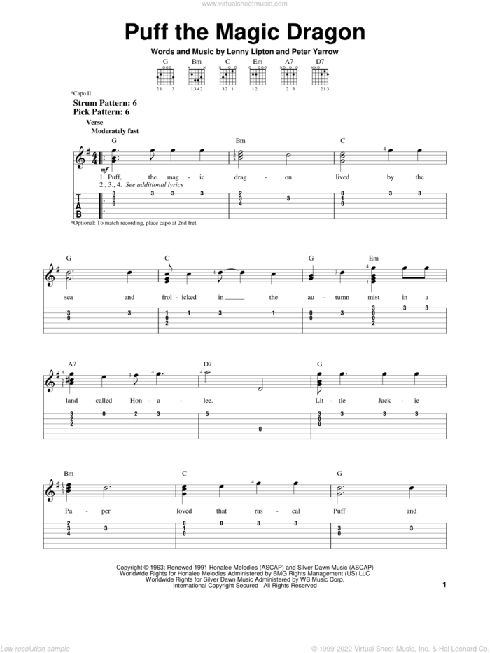 Puff The Magic Dragon sheet music for guitar solo (easy tablature) by Peter, Paul & Mary, Lenny Lipton and Peter Yarrow, easy guitar (easy tablature)
