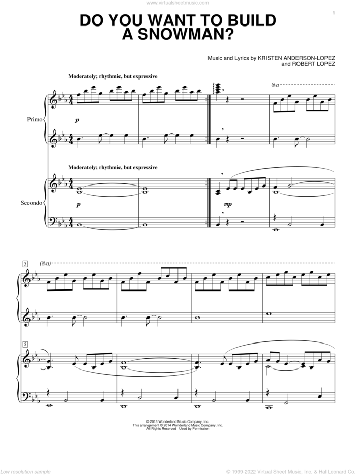 Do You Want To Build A Snowman? (from Frozen) sheet music for piano four hands by Robert Lopez, Kristen Anderson-Lopez and Kristen Bell, Agatha Lee Monn & Katie Lopez, intermediate skill level