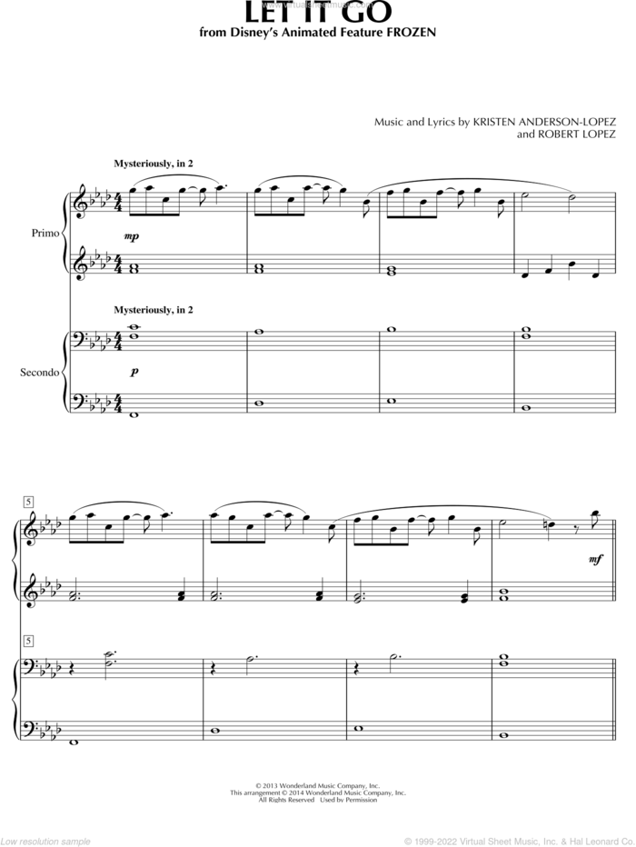 Let It Go (from Frozen) sheet music for piano four hands by Robert Lopez, Idina Menzel and Kristen Anderson-Lopez, intermediate skill level