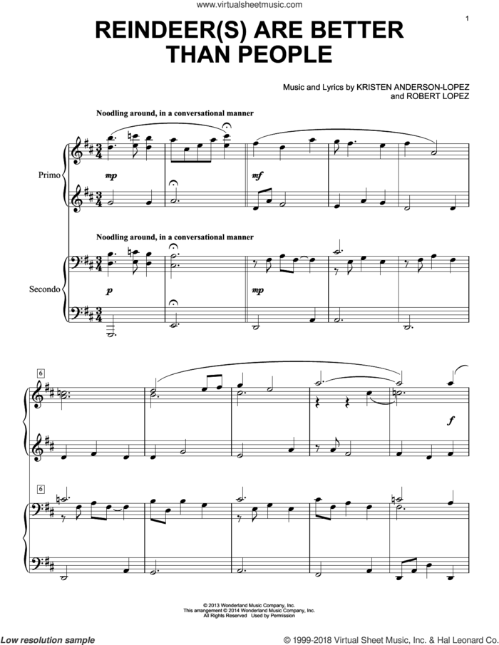 Reindeer(s) Are Better Than People (from Disney's Frozen) sheet music for piano four hands by Robert Lopez, Jonathan Groff and Kristen Anderson-Lopez, intermediate skill level