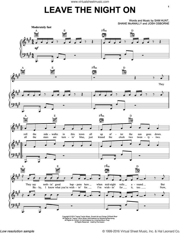 Leave The Night On sheet music for voice, piano or guitar by Sam Hunt, Josh Osborne and Shane McAnally, intermediate skill level