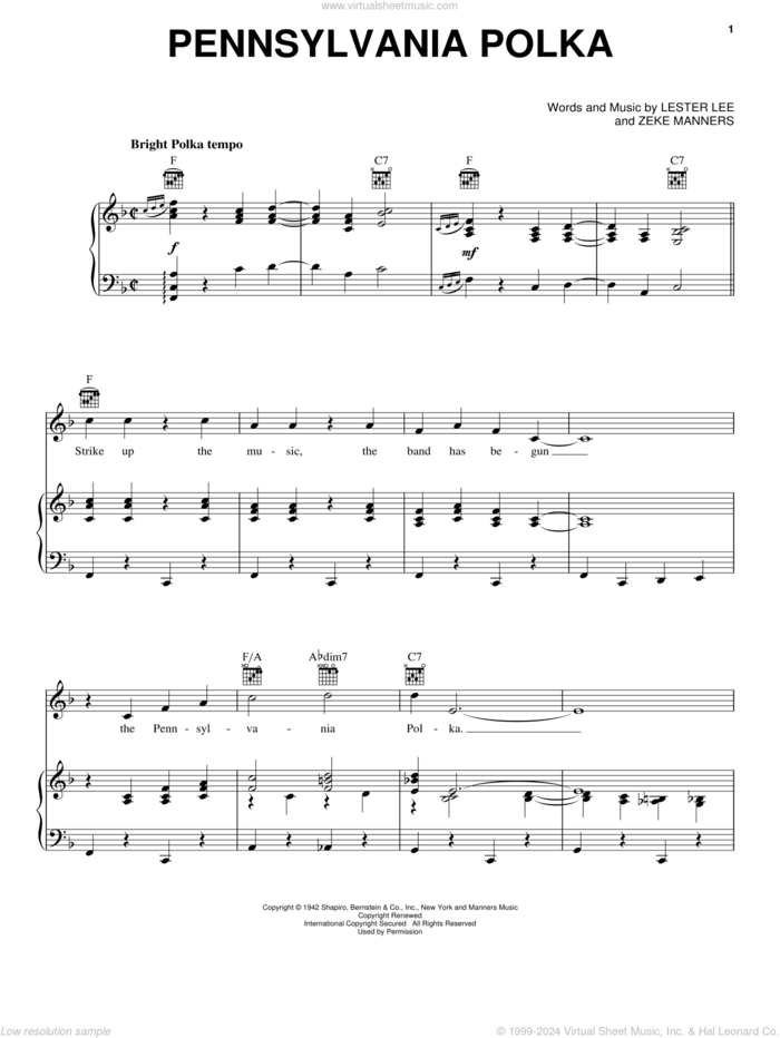 Pennsylvania Polka sheet music for voice, piano or guitar by Lester Lee and Zeke Manners, intermediate skill level