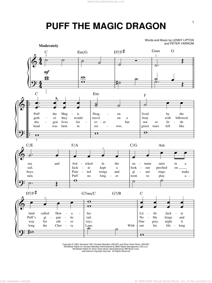 Puff The Magic Dragon, (easy) sheet music for piano solo by Peter, Paul & Mary, Lenny Lipton and Peter Yarrow, easy skill level