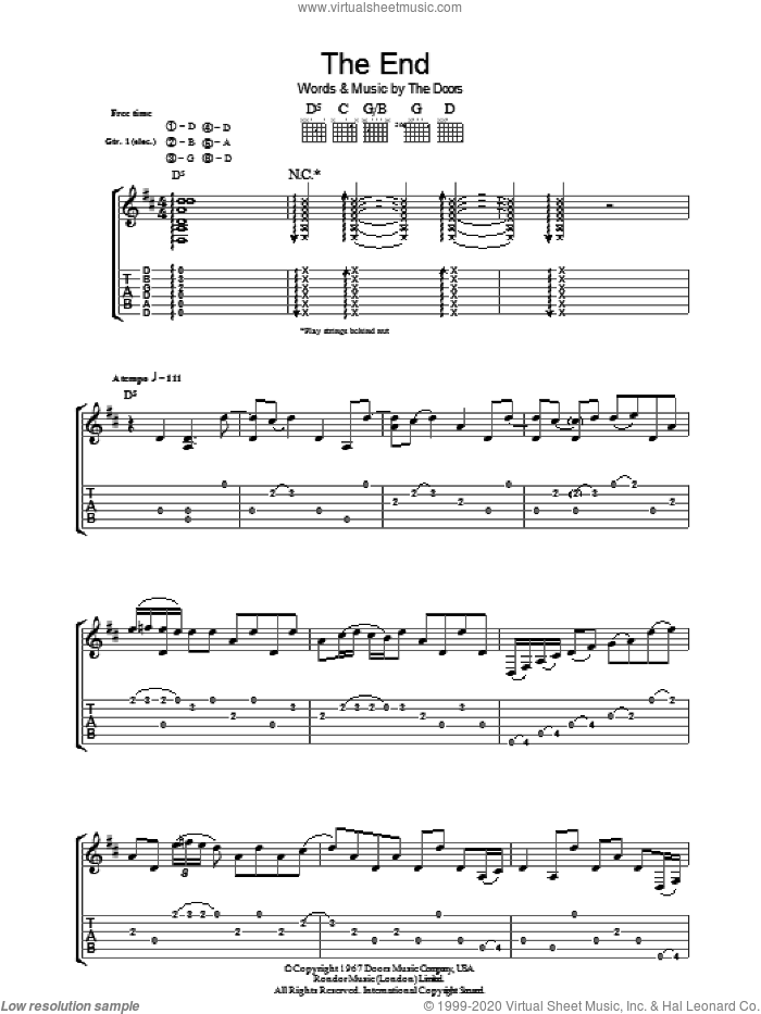 The End sheet music for guitar (tablature) by The Doors, intermediate skill level