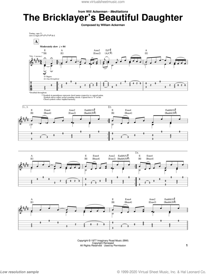 The Bricklayer's Beautiful Daughter sheet music for guitar (tablature) by Will Ackerman and William Ackerman, intermediate skill level