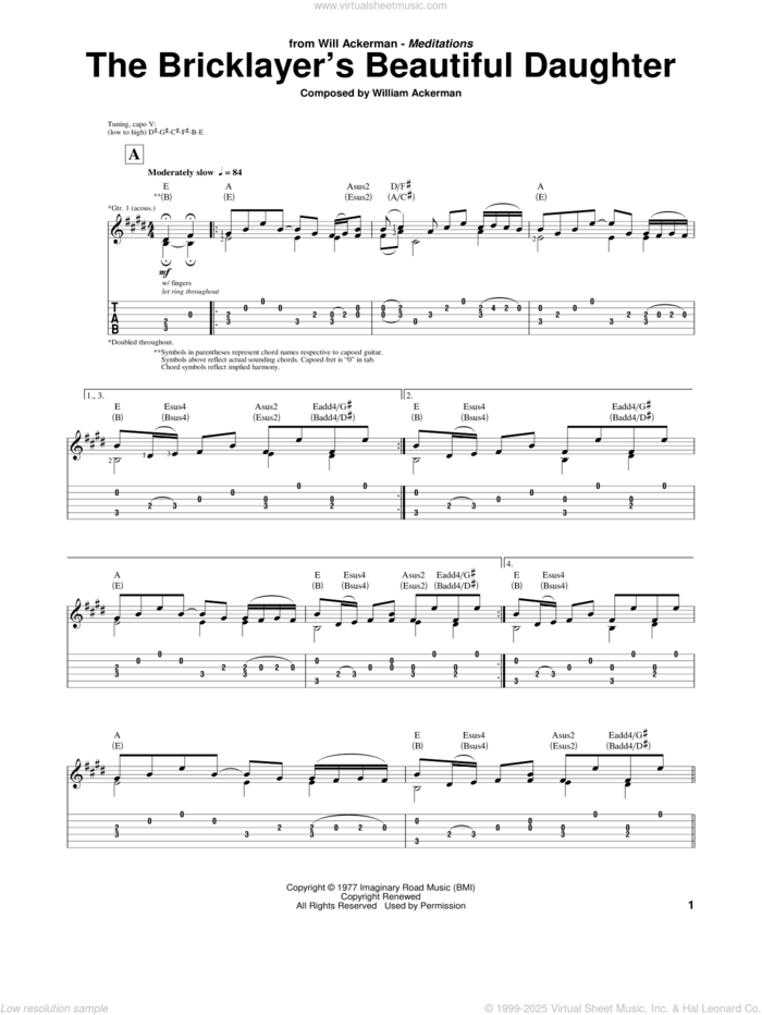 The Bricklayer's Beautiful Daughter sheet music for guitar (tablature) by Will Ackerman and William Ackerman, intermediate skill level