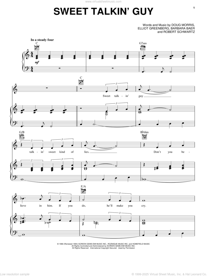 Sweet Talkin' Guy sheet music for voice, piano or guitar by The Chiffons, Barbara Baer, Doug Morris, Elliot Greenberg and Robert Schwartz, intermediate skill level