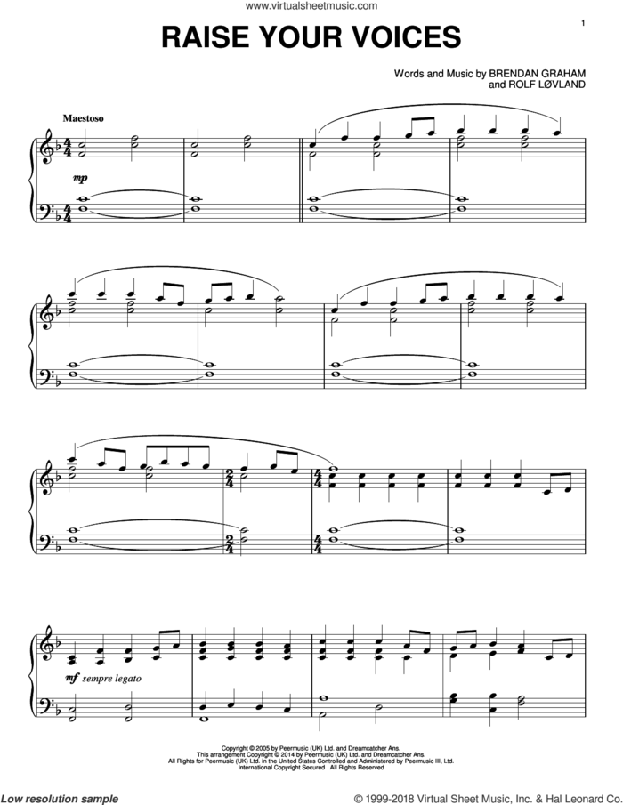 Raise Your Voices sheet music for piano solo by Rolf Lovland and Brendan Graham, intermediate skill level