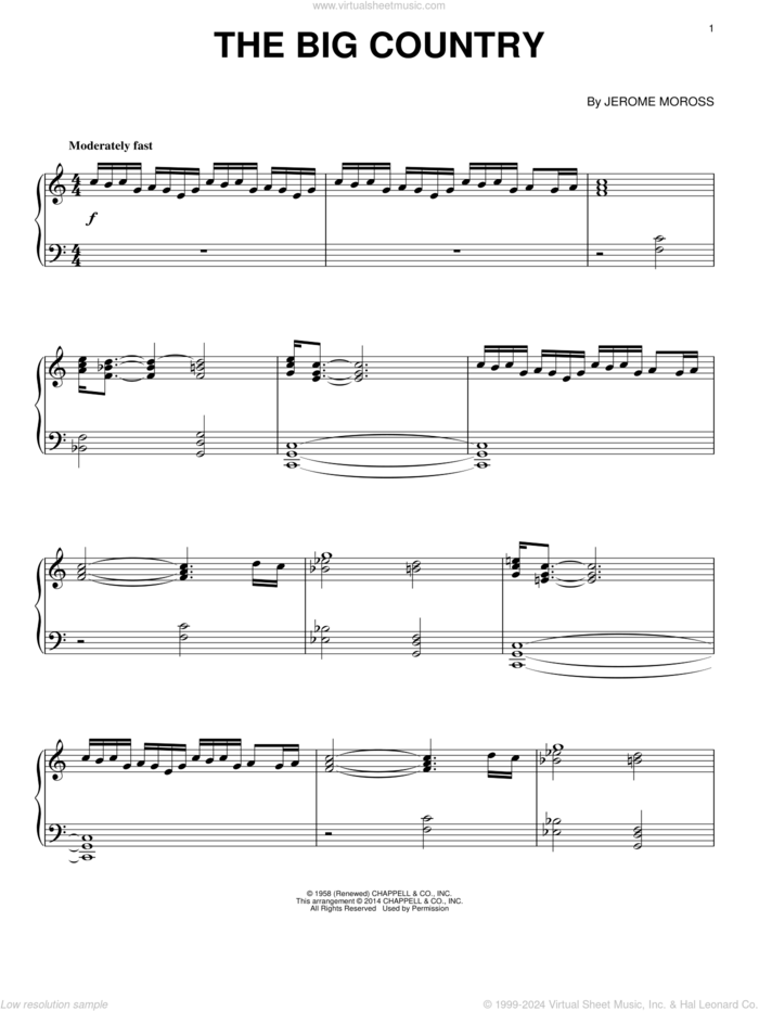 The Big Country sheet music for piano solo by Jerome Moross, classical score, intermediate skill level