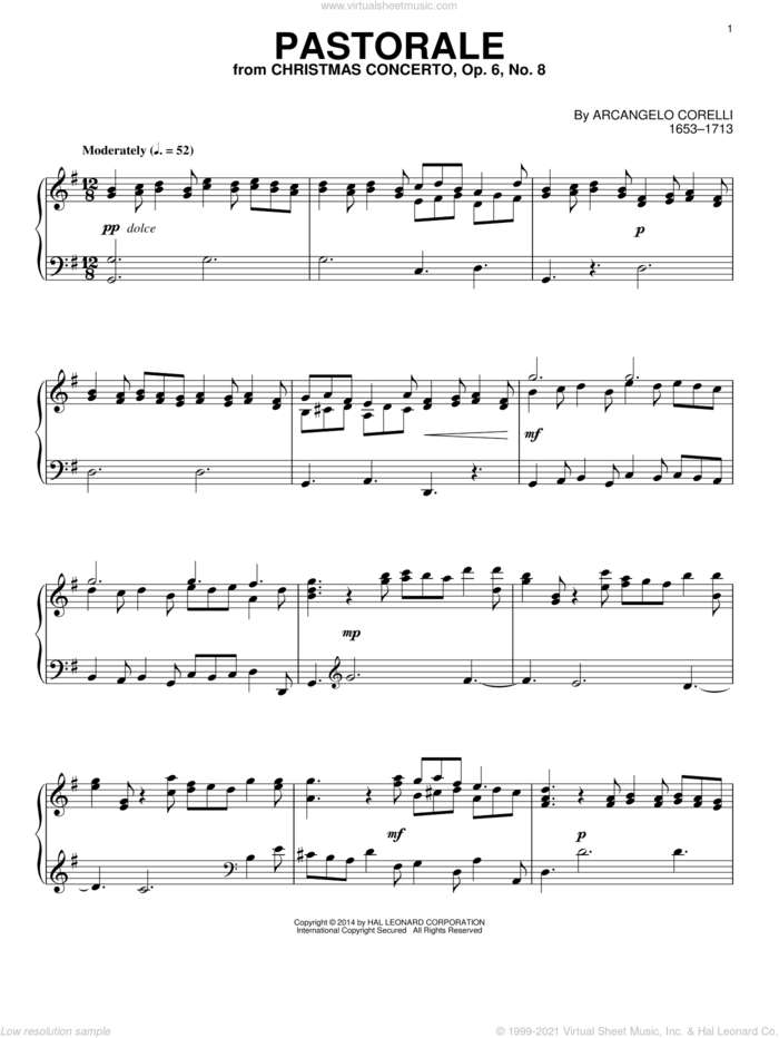 Pastorale sheet music for piano solo by Arcangelo Corelli, intermediate skill level