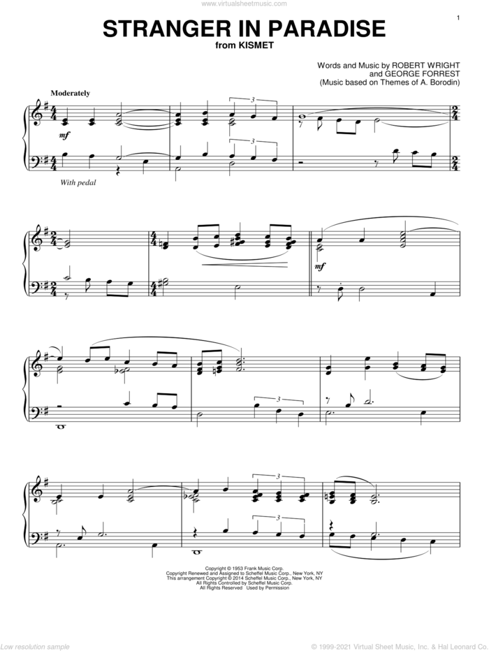 Stranger In Paradise sheet music for piano solo by Robert Wright and George Forrest, classical score, intermediate skill level