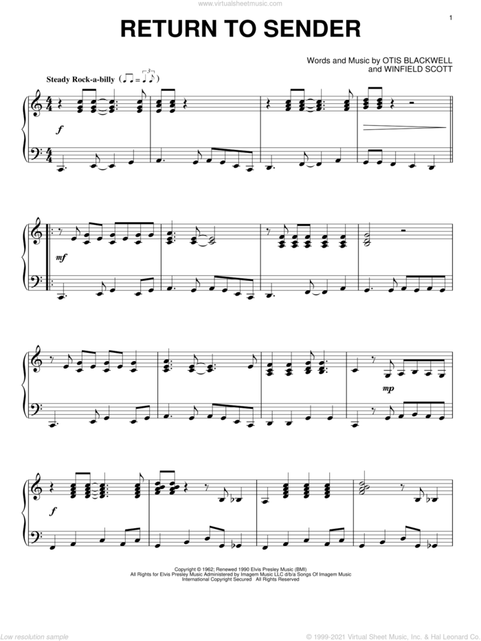 Return To Sender, (intermediate) sheet music for piano solo by Elvis Presley, Otis Blackwell and Winfield Scott, intermediate skill level
