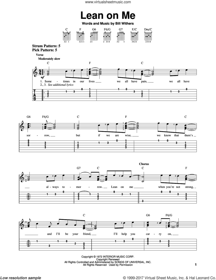 Lean On Me sheet music for guitar solo (easy tablature) by Bill Withers, easy guitar (easy tablature)