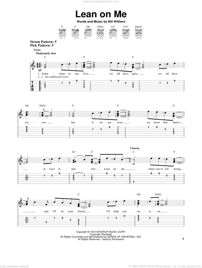 Lean On Me sheet music for guitar solo (easy tablature) by Bill Withers, easy guitar (easy tablature)