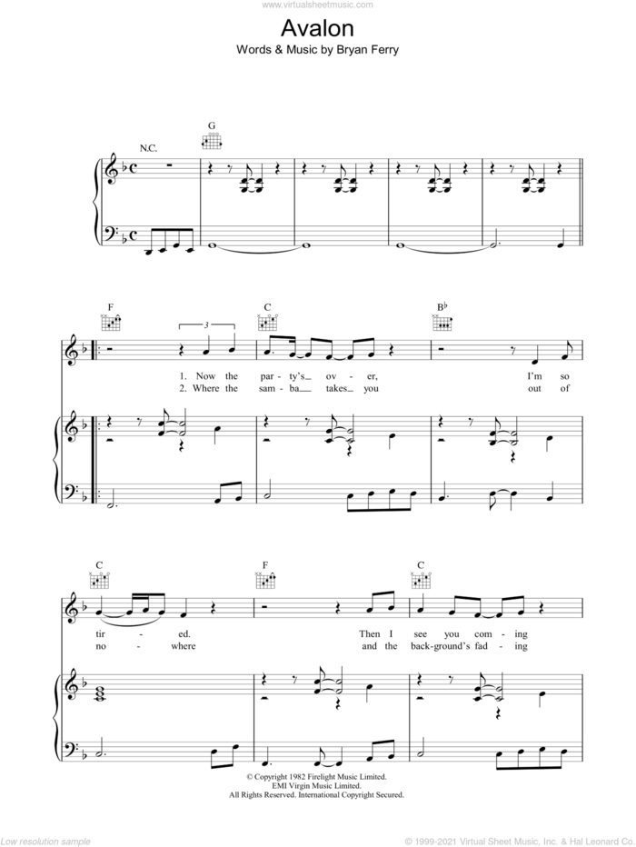 Avalon sheet music for voice, piano or guitar by Roxy Music and Bryan Ferry, intermediate skill level