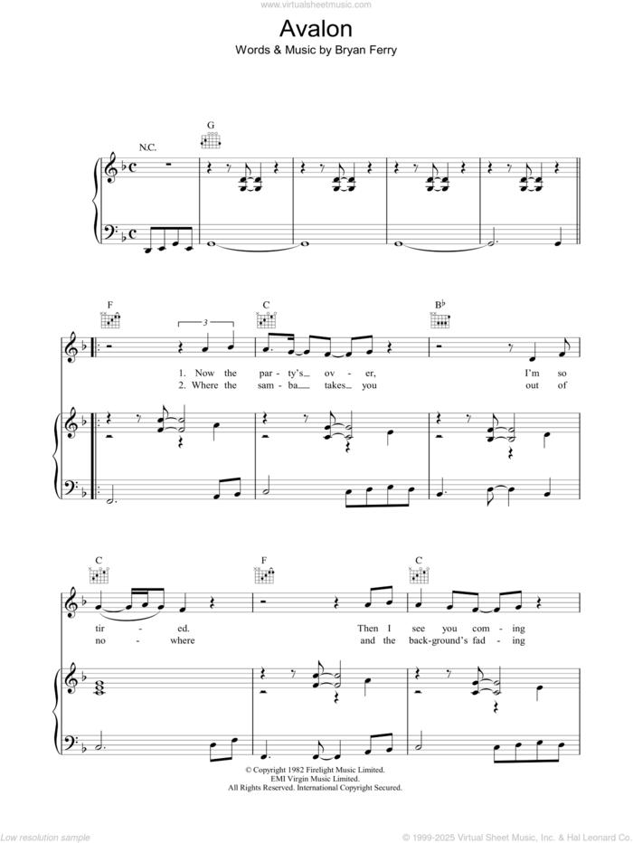 Avalon sheet music for voice, piano or guitar by Roxy Music and Bryan Ferry, intermediate skill level