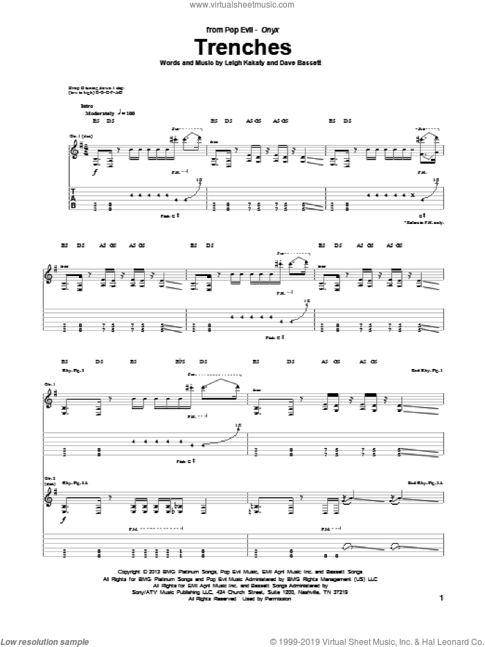 Trenches sheet music for guitar (tablature) by Pop Evil, Dave Bassett and Leigh Kakaty, intermediate skill level