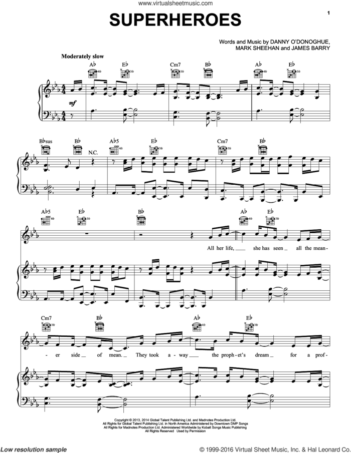 Superheroes sheet music for voice, piano or guitar by The Script, James Barry and Mark Sheehan, intermediate skill level