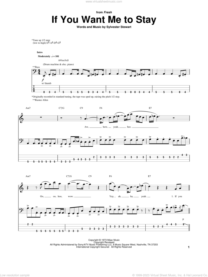 If You Want Me To Stay sheet music for bass (tablature) (bass guitar) by Sly & The Family Stone, Red Hot Chili Peppers, Sly And The Family Stone and Sylvester Stewart, intermediate skill level