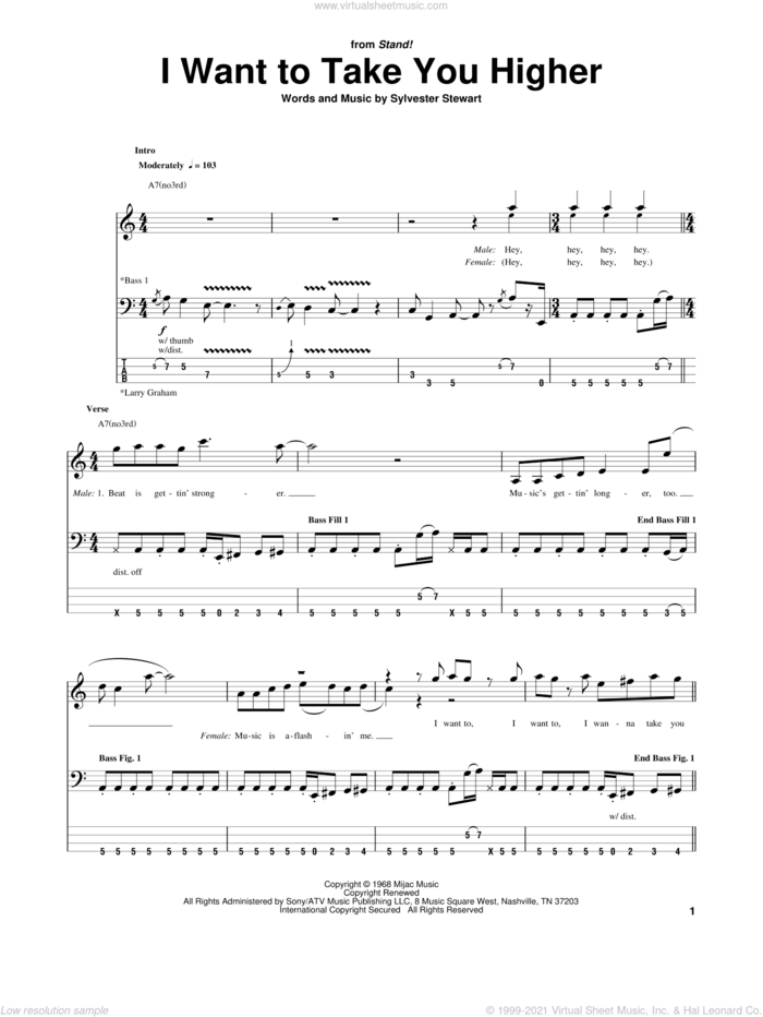 I Want To Take You Higher sheet music for bass (tablature) (bass guitar) by Sly & The Family Stone, Sly And The Family Stone and Sylvester Stewart, intermediate skill level