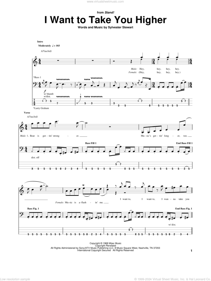 I Want To Take You Higher sheet music for bass (tablature) (bass guitar) by Sly & The Family Stone, Sly And The Family Stone and Sylvester Stewart, intermediate skill level