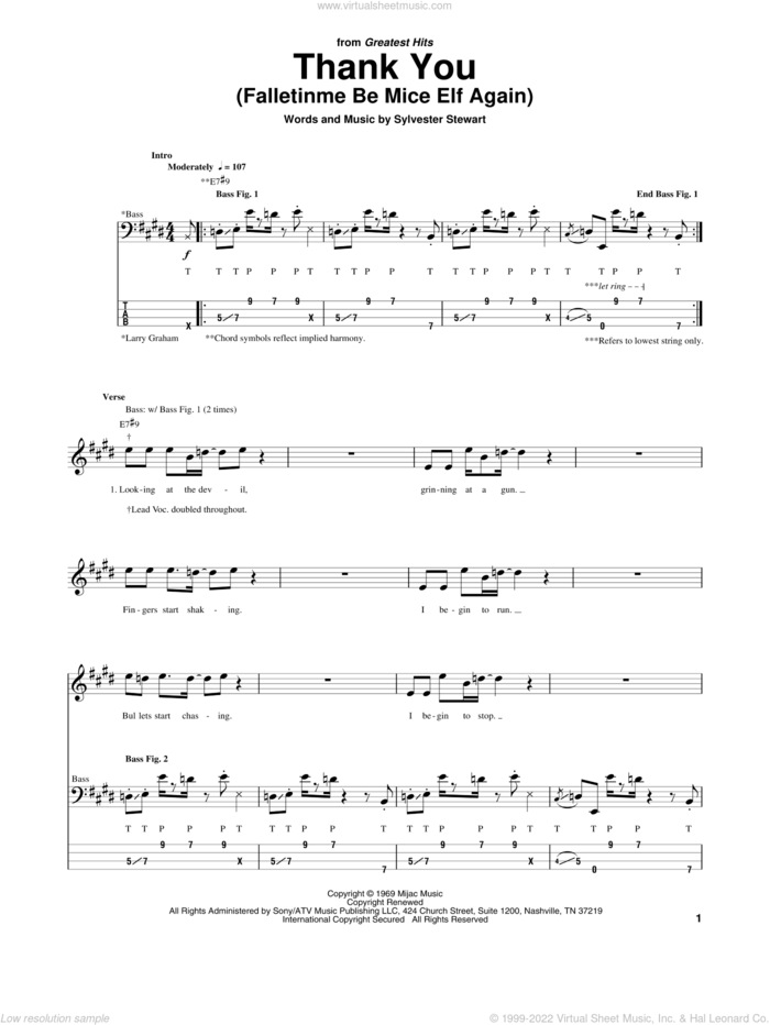 Thank You (Falletinme Be Mice Elf Again) sheet music for bass (tablature) (bass guitar) by Sly & The Family Stone, Sly And The Family Stone and Sylvester Stewart, intermediate skill level