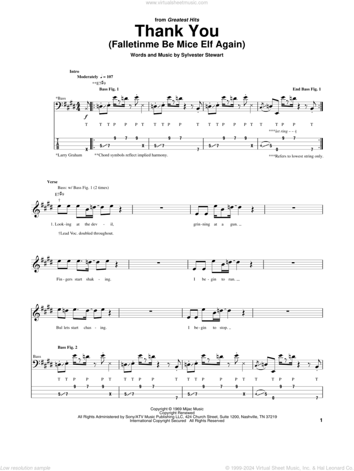 Thank You (Falletinme Be Mice Elf Again) sheet music for bass (tablature) (bass guitar) by Sly & The Family Stone, Sly And The Family Stone and Sylvester Stewart, intermediate skill level