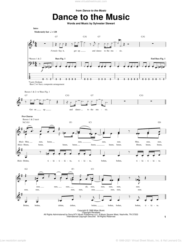 Dance To The Music sheet music for bass (tablature) (bass guitar) by Sly & The Family Stone, Sly And The Family Stone and Sylvester Stewart, intermediate skill level