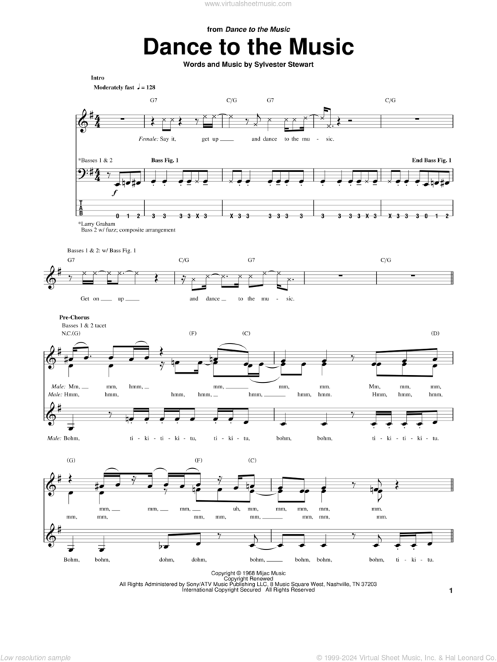 Dance To The Music sheet music for bass (tablature) (bass guitar) by Sly & The Family Stone, Sly And The Family Stone and Sylvester Stewart, intermediate skill level