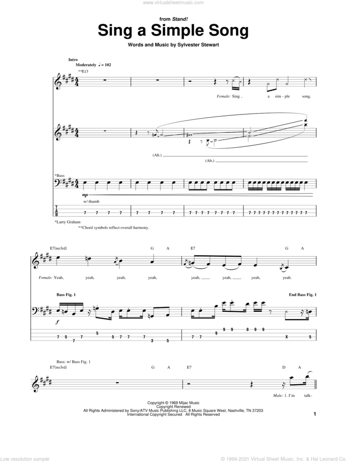 Sing A Simple Song sheet music for bass (tablature) (bass guitar) by Sly & The Family Stone, Sly And The Family Stone and Sylvester Stewart, intermediate skill level