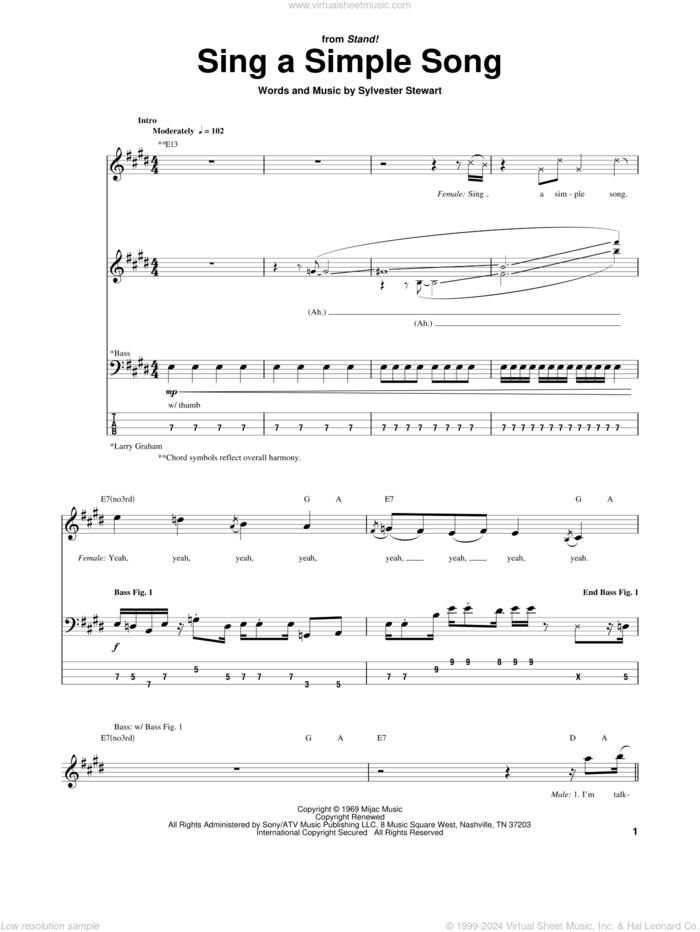 Sing A Simple Song sheet music for bass (tablature) (bass guitar) by Sly & The Family Stone, Sly And The Family Stone and Sylvester Stewart, intermediate skill level