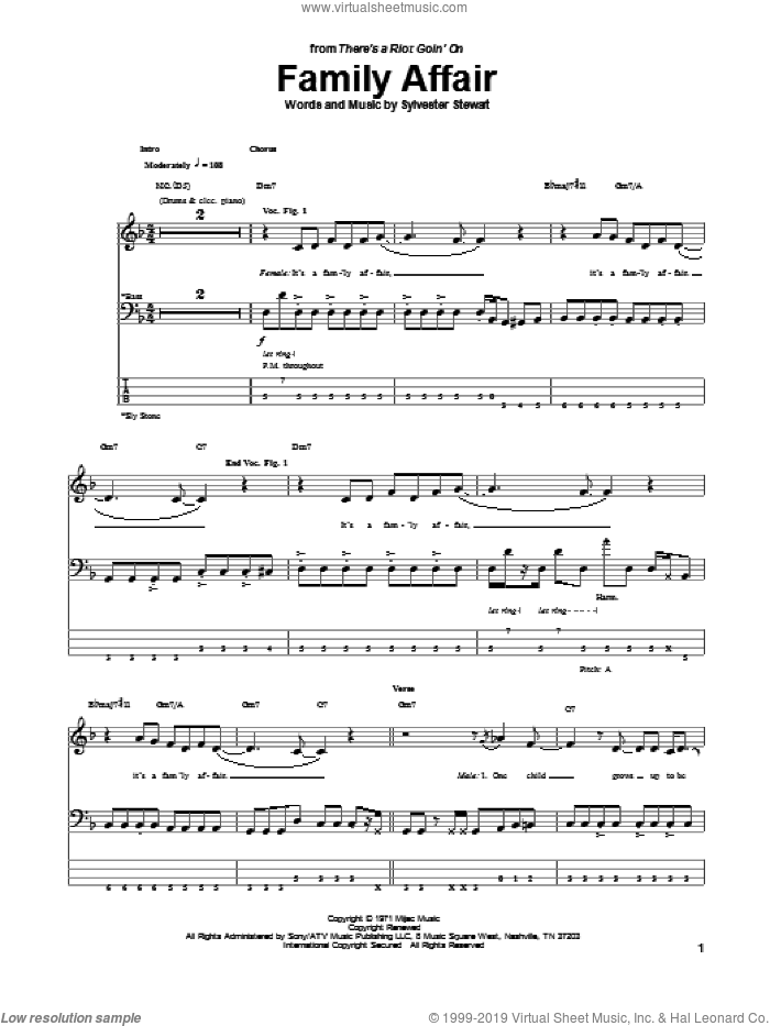 Family Affair sheet music for bass (tablature) (bass guitar) by Sly & The Family Stone, Sly And The Family Stone and Sylvester Stewart, intermediate skill level