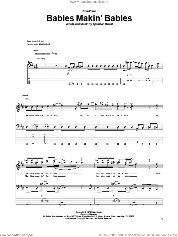 Babies Makin' Babies sheet music for bass (tablature) (bass guitar) by Sly & The Family Stone, Sly And The Family Stone and Sylvester Stewart, intermediate skill level