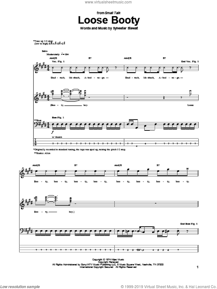 Loose Booty sheet music for bass (tablature) (bass guitar) by Sly & The Family Stone, Sly And The Family Stone and Sylvester Stewart, intermediate skill level