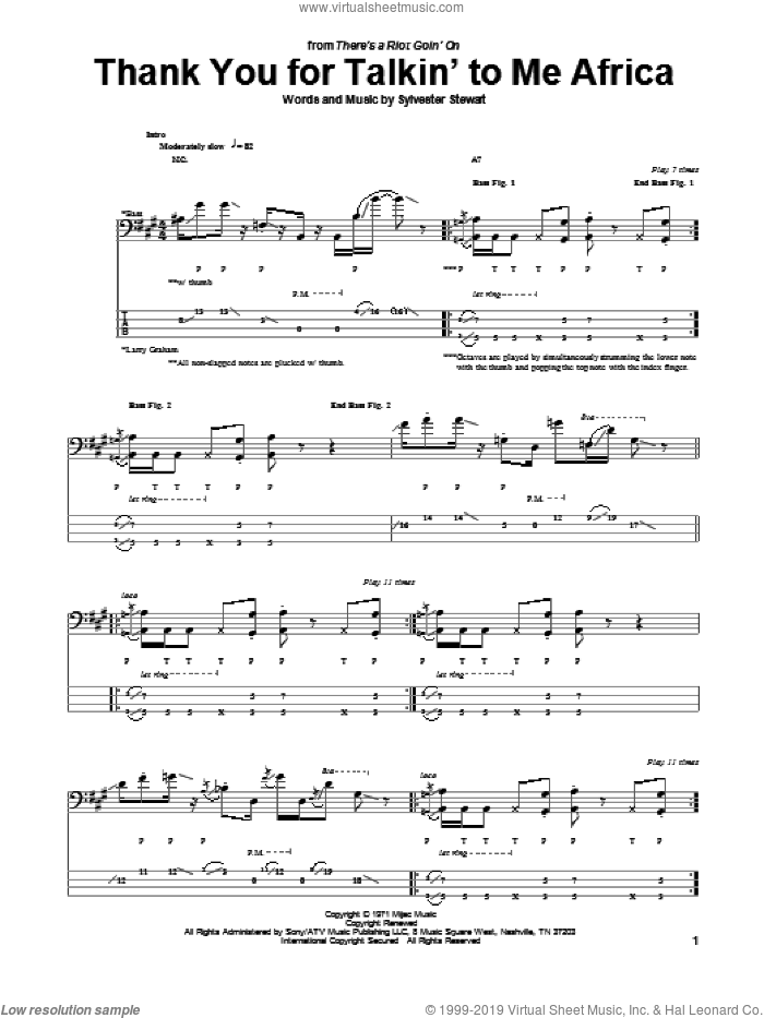 Thank You For Talkin' To Me Africa sheet music for bass (tablature) (bass guitar) by Sly & The Family Stone, Sly And The Family Stone and Sylvester Stewart, intermediate skill level