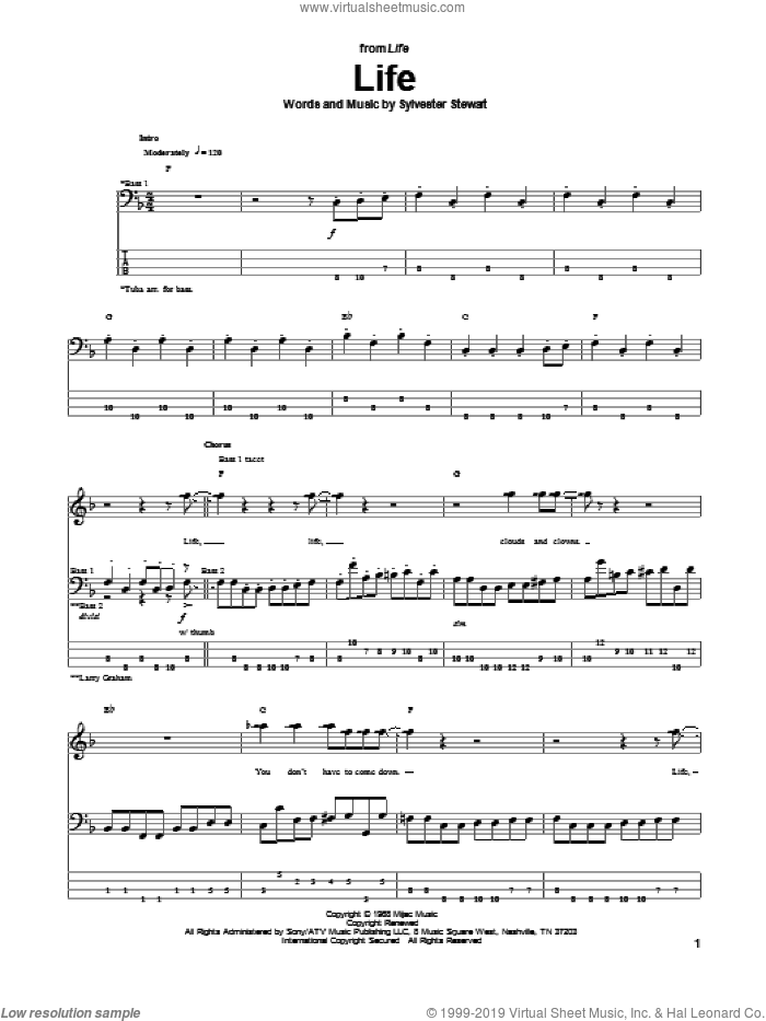 Life sheet music for bass (tablature) (bass guitar) by Sly & The Family Stone, Sly And The Family Stone and Sylvester Stewart, intermediate skill level