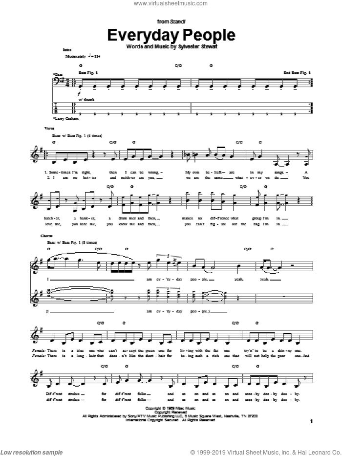 Everyday People sheet music for bass (tablature) (bass guitar) by Sly & The Family Stone, Sly And The Family Stone and Sylvester Stewart, intermediate skill level