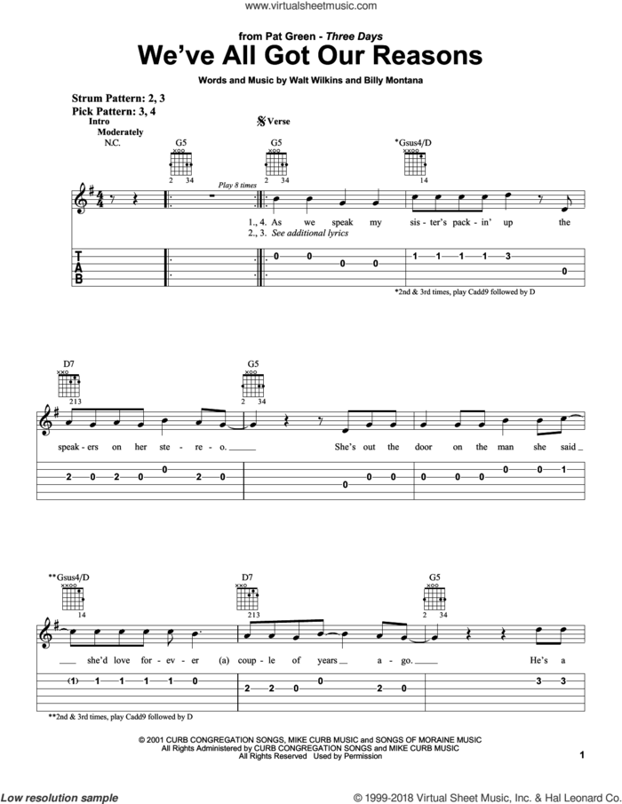 We've All Got Our Reasons sheet music for guitar solo (easy tablature) by Pat Green, Billy Montana and Walt Wilkins, easy guitar (easy tablature)