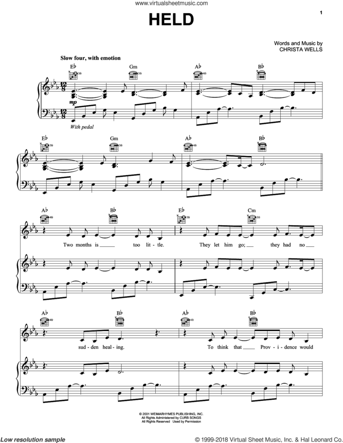 Held sheet music for voice, piano or guitar by Natalie Grant and Christa Wells, intermediate skill level