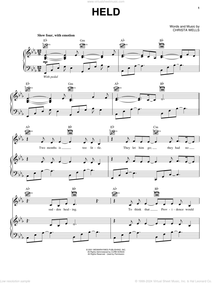Held sheet music for voice, piano or guitar by Natalie Grant and Christa Wells, intermediate skill level