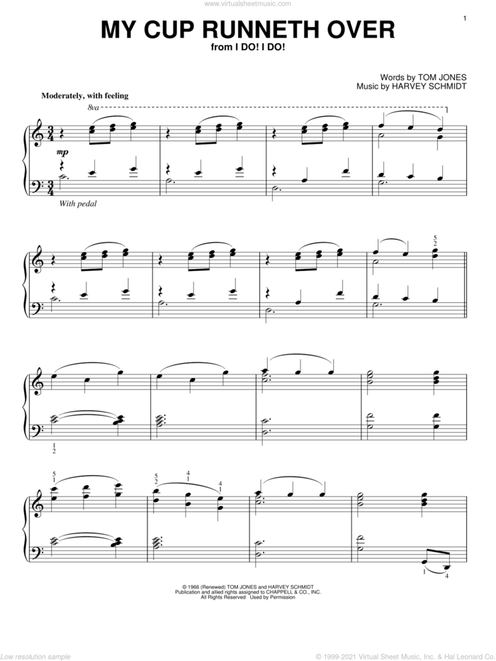 My Cup Runneth Over, (intermediate) sheet music for piano solo by Ed Ames, Harvey Schmidt and Tom Jones, intermediate skill level