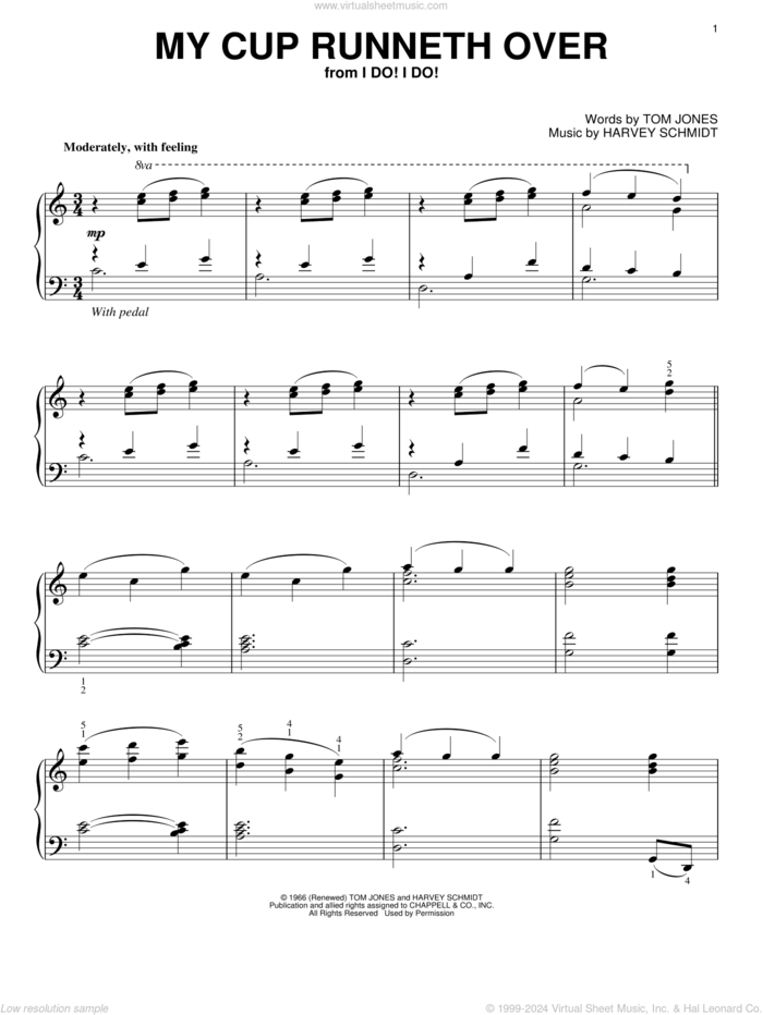 My Cup Runneth Over, (intermediate) sheet music for piano solo by Ed Ames, Harvey Schmidt and Tom Jones, intermediate skill level