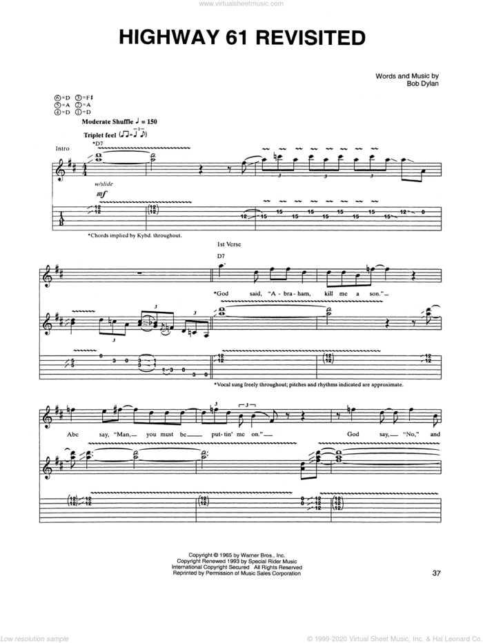 Highway 61 Revisited sheet music for guitar (tablature) by Johnny Winter and Bob Dylan, intermediate skill level