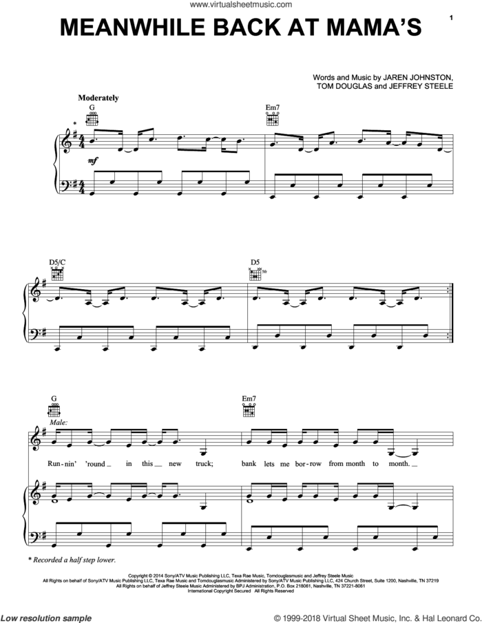 Meanwhile Back At Mama's sheet music for voice, piano or guitar by Tom Douglas, Faith Hill with Tim McGraw, Jaren Johnston and Jeffrey Steele, intermediate skill level